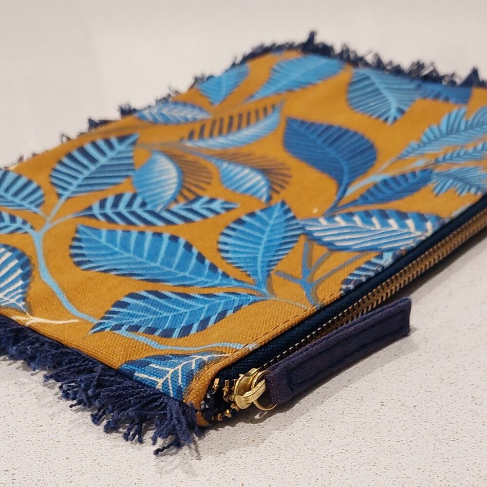 Inouitoosh Paris, France Blue Leaves Fringe Zip Pouch Case - Picture 5 of 11